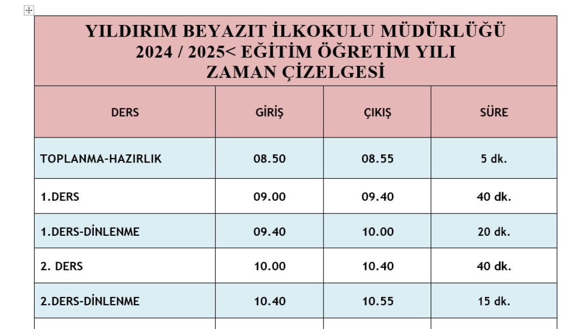 Okulumuz Zaman Çizelgesi Güncellendi